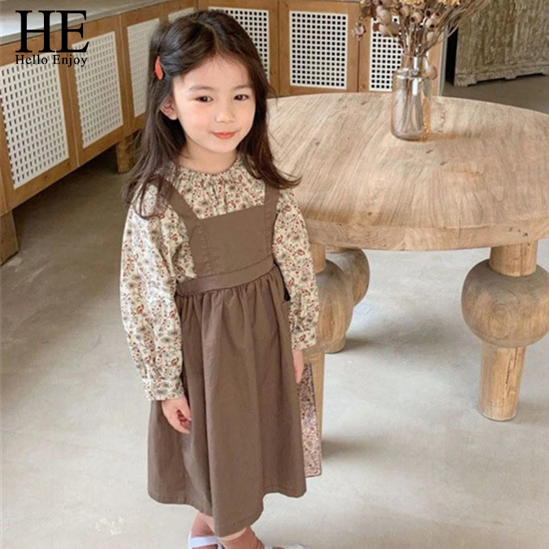 

HE Hello Enjoy Spring New Girls Clothing Sets Elegant Floral Palace Top With Suspender Dresses 2 Pieces Children Cotton Outfits