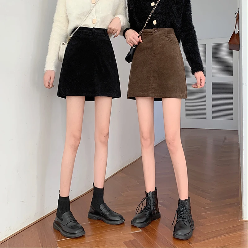 

Zoki New Skirts Women Mini Retro High Waist Elegant Corduroy Skirts Korean Solid Autumn Winter Ladies All-match Soft Warm Skirt