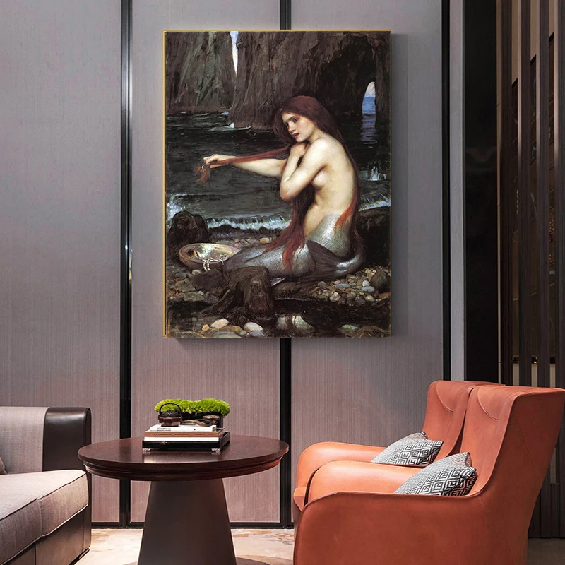 

Holover Canvas Oil Painting Aesthetic Home Decoration William Waterhouse"A Mermaid"Romanticism Mythology Wall Art Poster