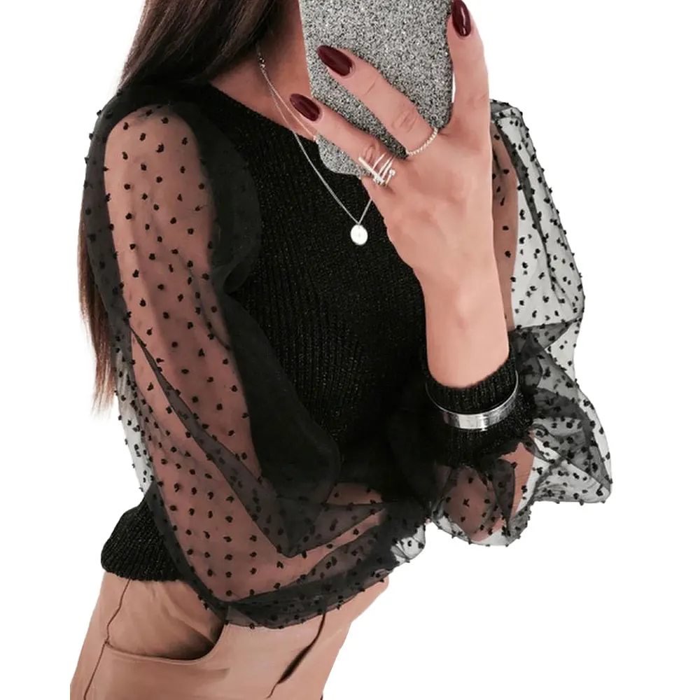 Готический Женский пуловер сетчатые элегантные футболки прозрачные
