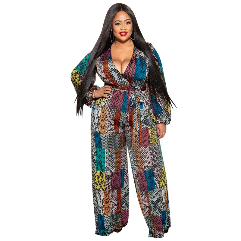 

Vintage Serpentine Loose Straight V-neck Jumpsuit Women Full Length Bodysuit Plus Size Overalls Autumn Outfit 4XL 5XL