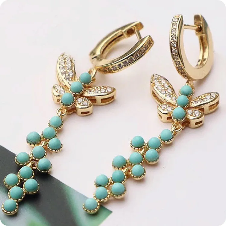 

UBESTNICE S925 Original Design Natural Turquoise Butterfly 24K Gold Filled Zircon Vintage Drop Earrings Fine Jewelry for Women
