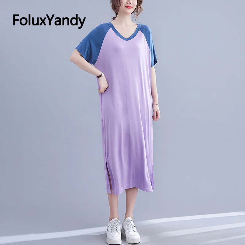 

Basic Summer Dress V-neck Vestidos Plus Size 3 4 5 XL Stretched Modal Casual Raglan Short Sleeve Mid-Calf Dress NQYL215