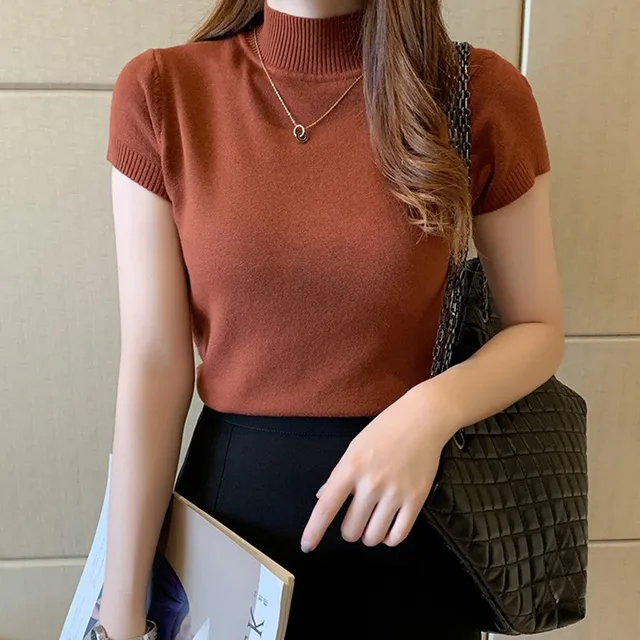 Basic Knit turtleneck Women T Shirt Summer Spring Ribbed Cotton Pullover Tops Soft Female Short Sleeves Tshirt 9 colors
