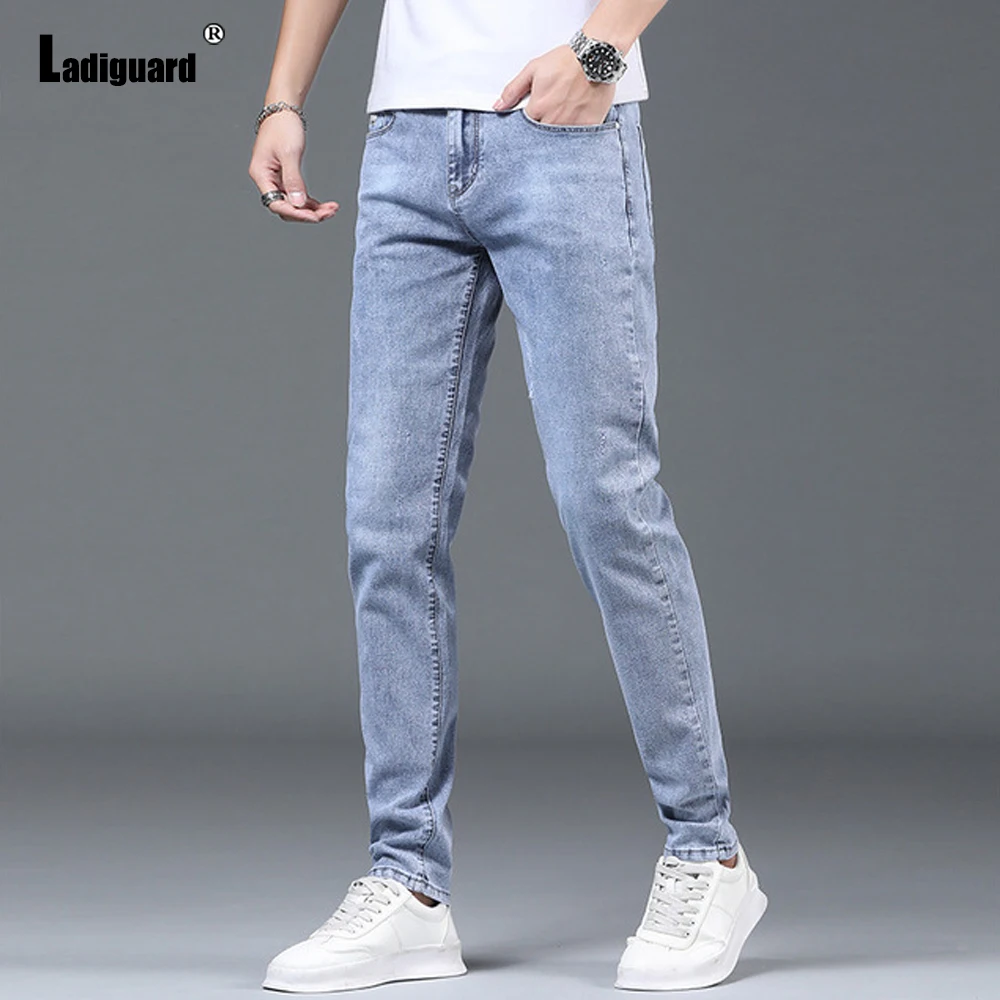 

Ladiguard Mens Jean Demin Pants Kpop Style Male Fashion Zipper Pocket Trouser Light Blue Casual Skinny Pant Man Streetwear 2021