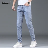 ladiguard mens jean demin pants kpop style male fashion zipper pocket trouser light blue casual skinny pant man streetwear 2021