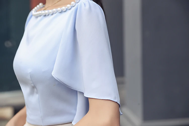 

Summer New Short-Sleeve Beaded Chiffon Blouse Female Solid Color OL Style Butterfly Sweet Thins Womens Tops and Blouses 9336 50