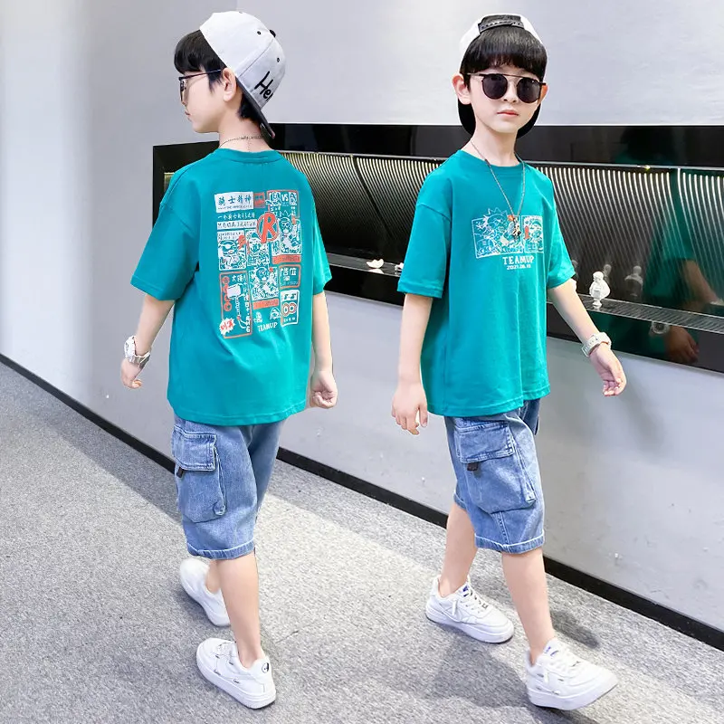 

Fashion Teen Boys Clothing Sets Korean Style Print T-Shirt And Denim Cargo Shorts Summer Casual Cotton Outfits Kids Sport Suits