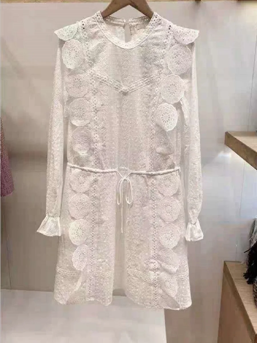 

Spring and Autumn Ladies Cotton Linen Embroidery Lace Hollow Elegant Dress 2021New Women's Wear Ruffle Fashion Pleated Skirt Bin