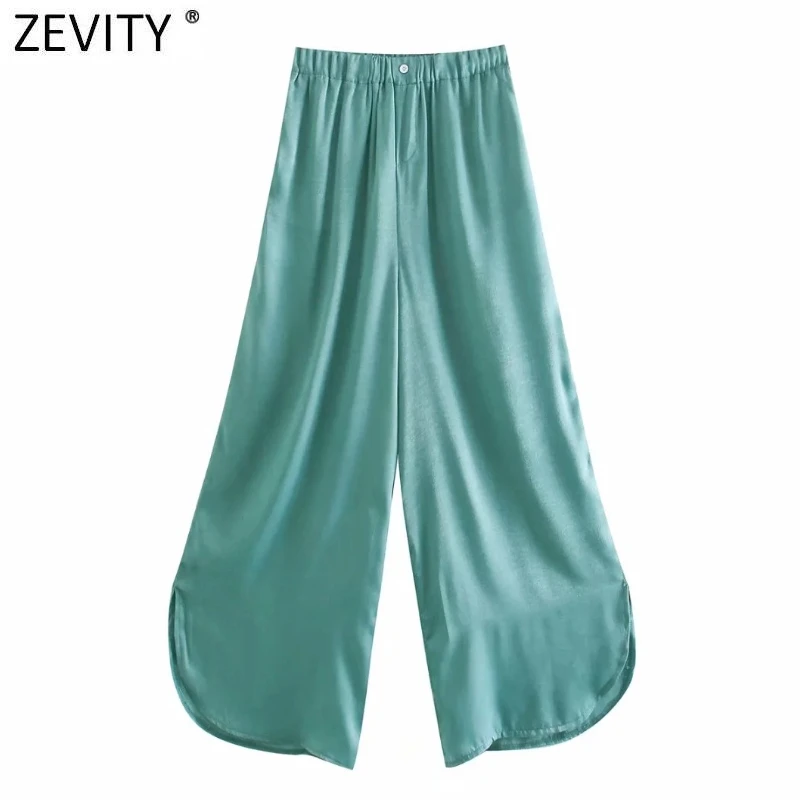 

Zevity 2021 Women Vintage Solid Color Glossy Elastic Waist Casual Wide Leg Pants Retro Femme Chic Hem Split Long Trousers P1015