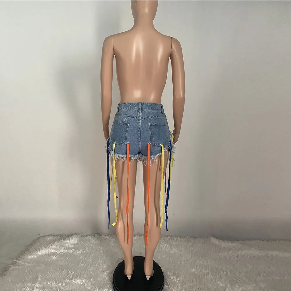 

Rainbow Drawstring Tassels Spliced Denim Jeans Women Fashion High Waist Stretchy Shorts Streetwear Female Workout Biker Shorts