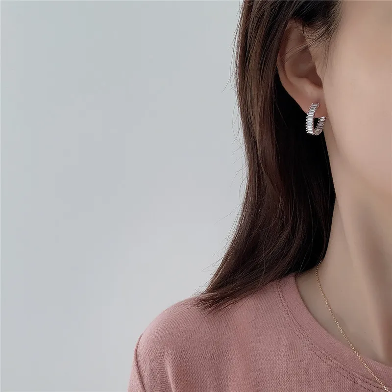 

POFUNUO Real 925 Sterling Silver Women C Shape Square AAA Zircon Stud Earrings Women Original Simple Design Luxury Chic Ear Stud