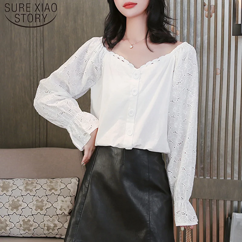 

Blusas Mujer De Moda 2022 Autumn Sweet Lace Women Blouses Long Sleeve Hollow Solid Womens Tops and Blouses Casual 6495 50