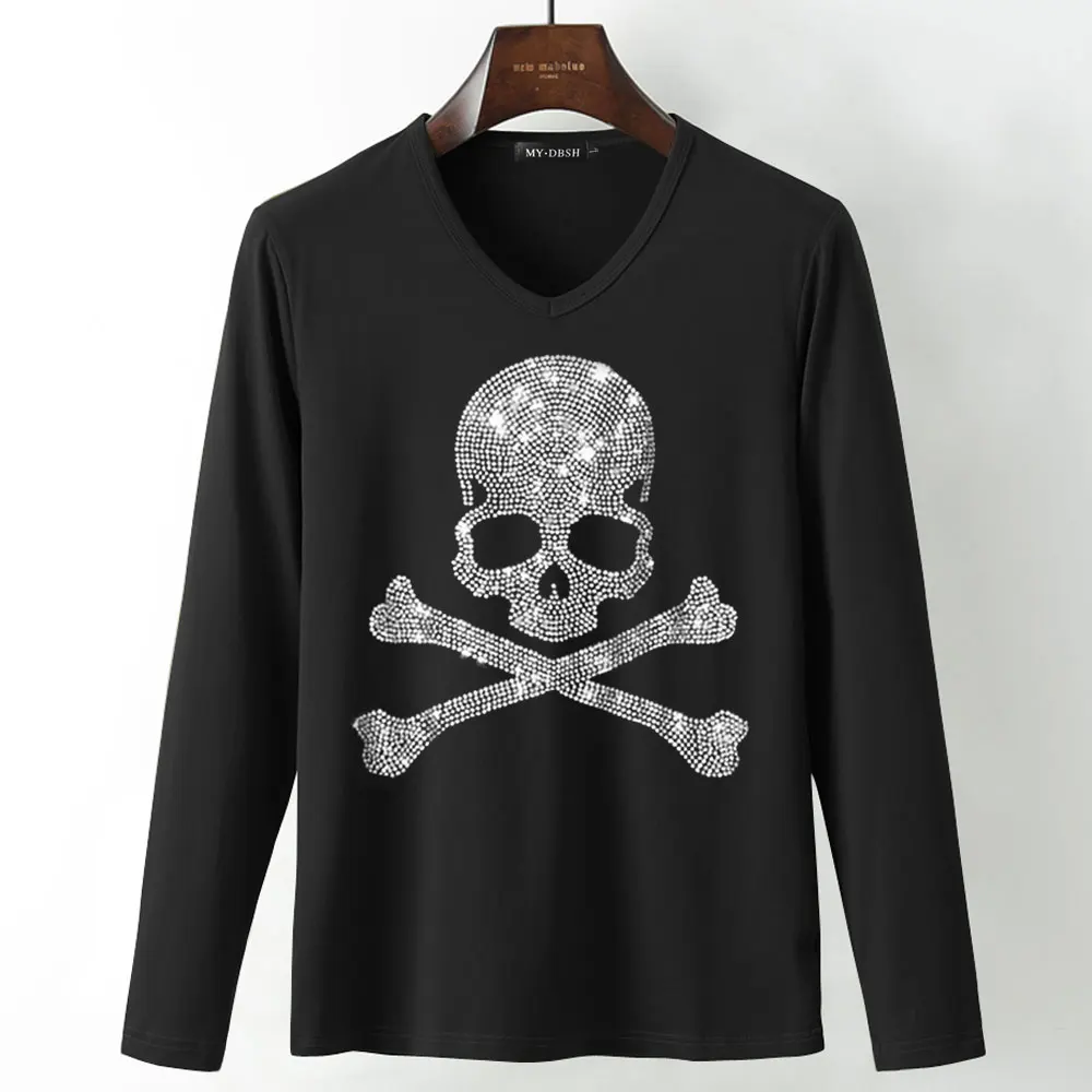 T011-V-Black Новые футболки с черепом и бриллиантами, тянущаяся хлопковая футболка с длинными рукавами, готический стиль, мужская Высококачественная футболка большого размера 5XL со стразами - Цвет: T011-V-Black