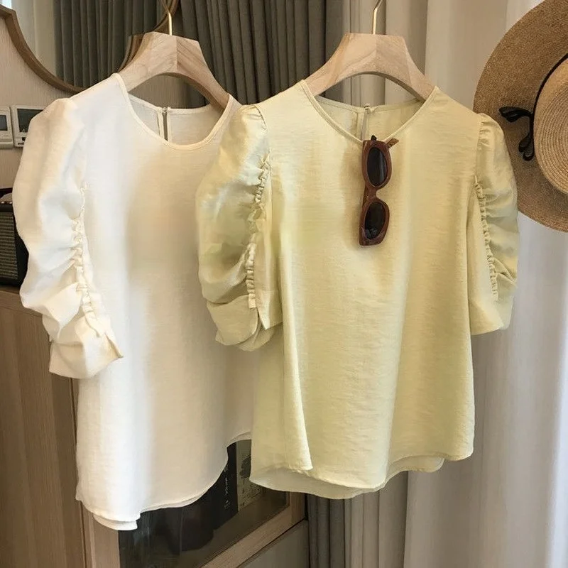 

Pleated Puff Sleeved Solid Women T-Shirts Summer New 2021 O-Neck Elegant Office Lady Pulls Outwear Tops