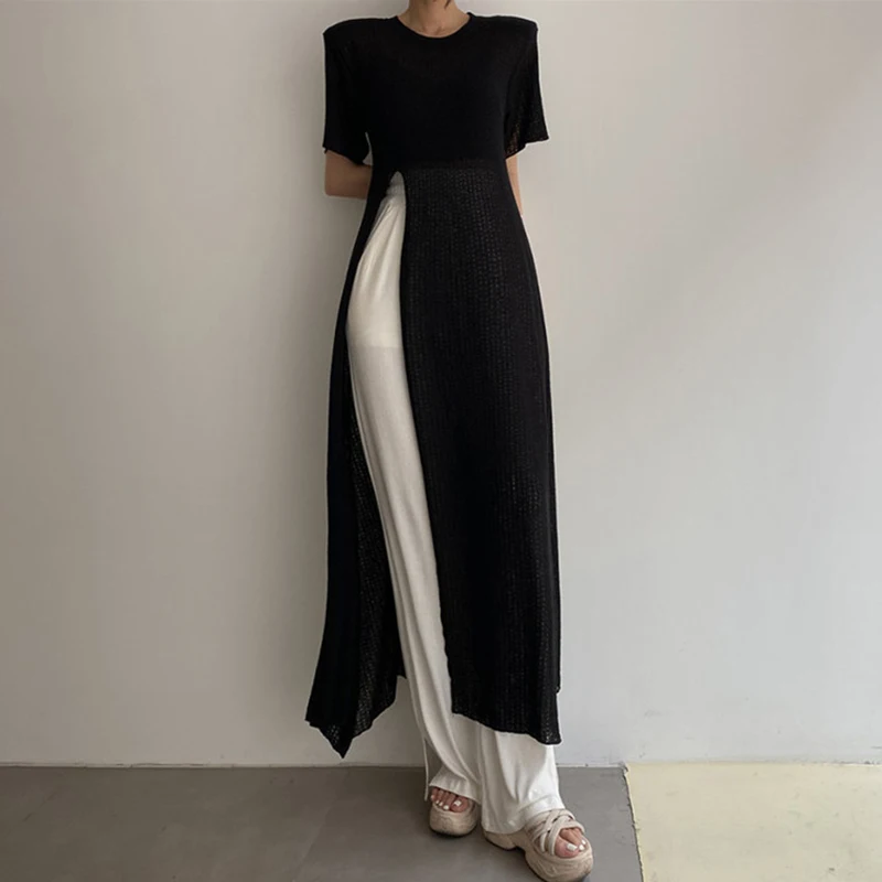 

GetSpring Women Sets Chic Pants Sets Short Sleeve Padded Shoulder Split Long Tops High Waist Wide Leg Pants Two Piece Suits 2021