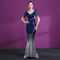 navy blue mermaid evening dresses women luxury party v neck short sleeve sequined sexy backless formal robe de soiree