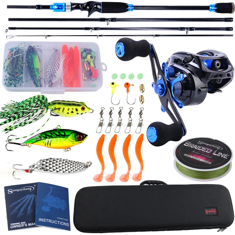 

Sougayilang Baitcsting Rod Combo 4 Section M Power Carbon Fiber Rod and Casting Reel Set 100M Fishing Line Lures Hooks Full Kit