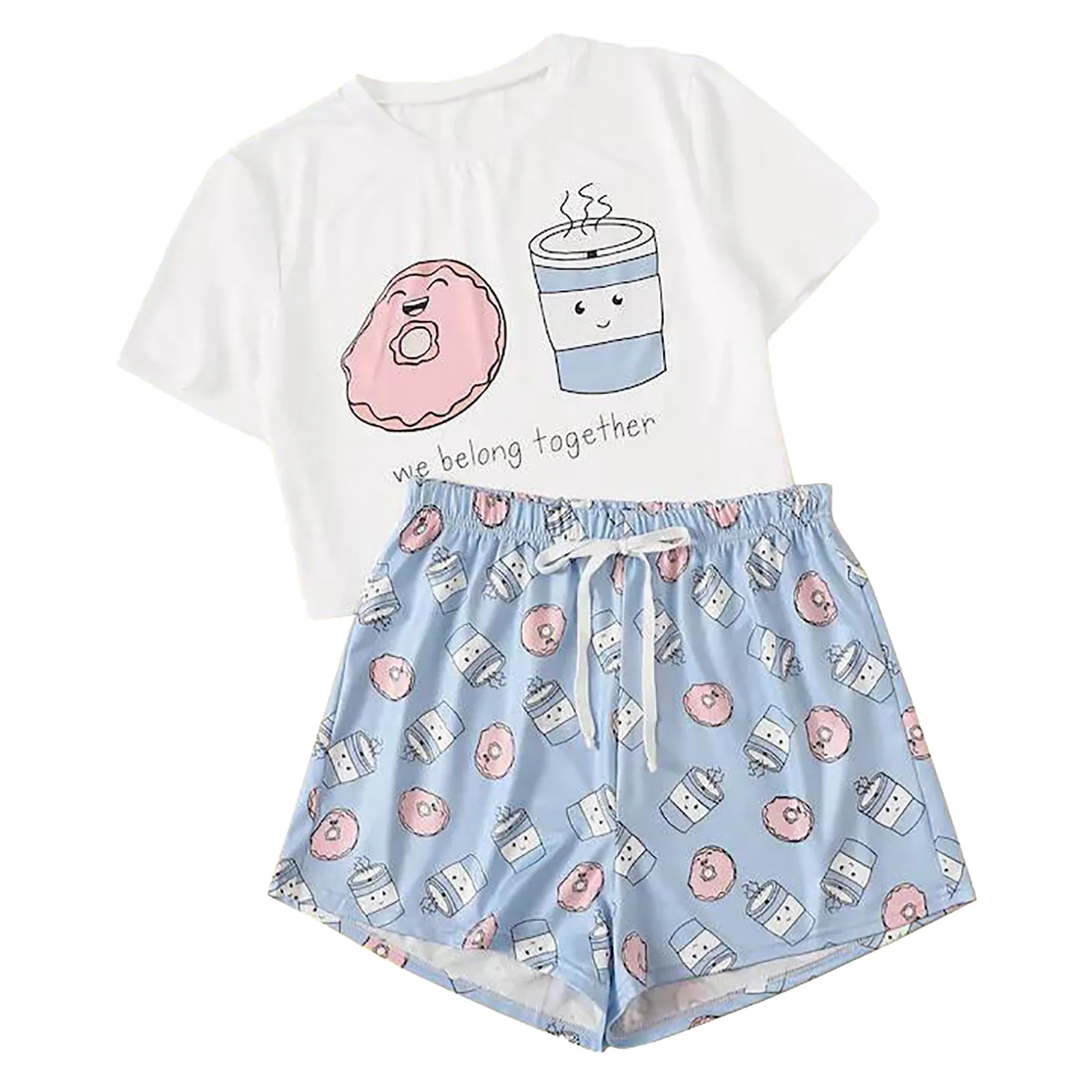 

Leisure Cute Print Pajamas Set Summer Daily Short Sleeve Pyjama Shirt+Shorts Loungewear Breathable Nightwear Comfort Home Suit