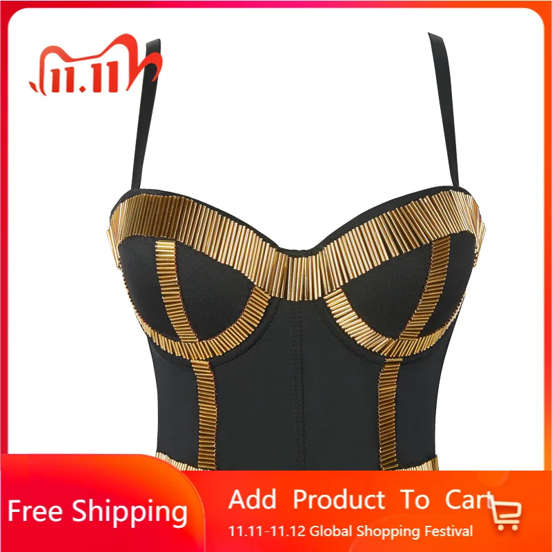 

Mayata Golden tube bead stage performance costume sling wrap breast shapewear nightclub female singer party bra