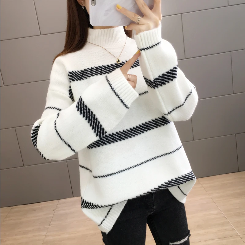 Теплый вязаный свитер в полоску с длинным рукавом пуловер модный новый 2019