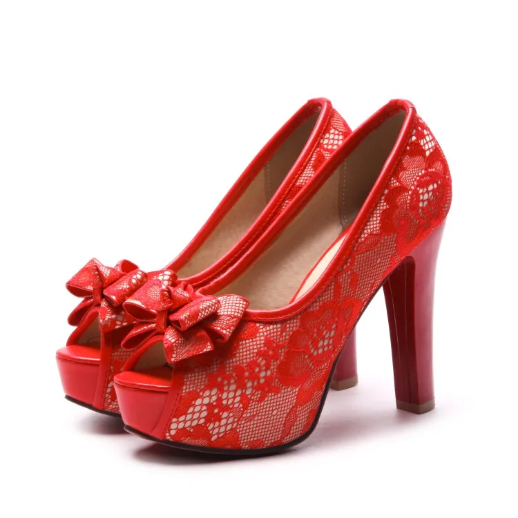 

Hot Sale US4-11 Womens Peep Toe Platform Lace Bowknot Block Super High Heel Low Top Sexy Shoes Wedding 3Colors Plus Size M03
