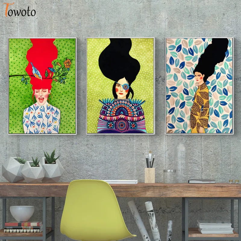 Абстрактная Картина на холсте с изображением девушек волос цветов птиц Модные