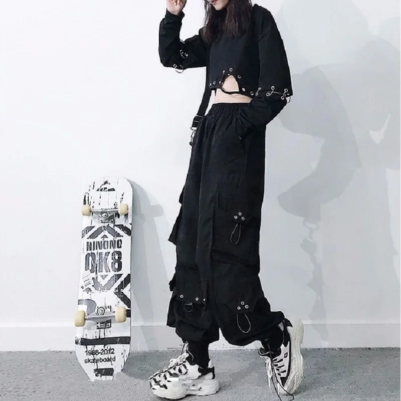 

Women Gothic Black Cargo Pants Women Baggy Harajuku Streetwear Oversize Punk Jogging Trousers for Female Hip Hop Mall Goth Emo