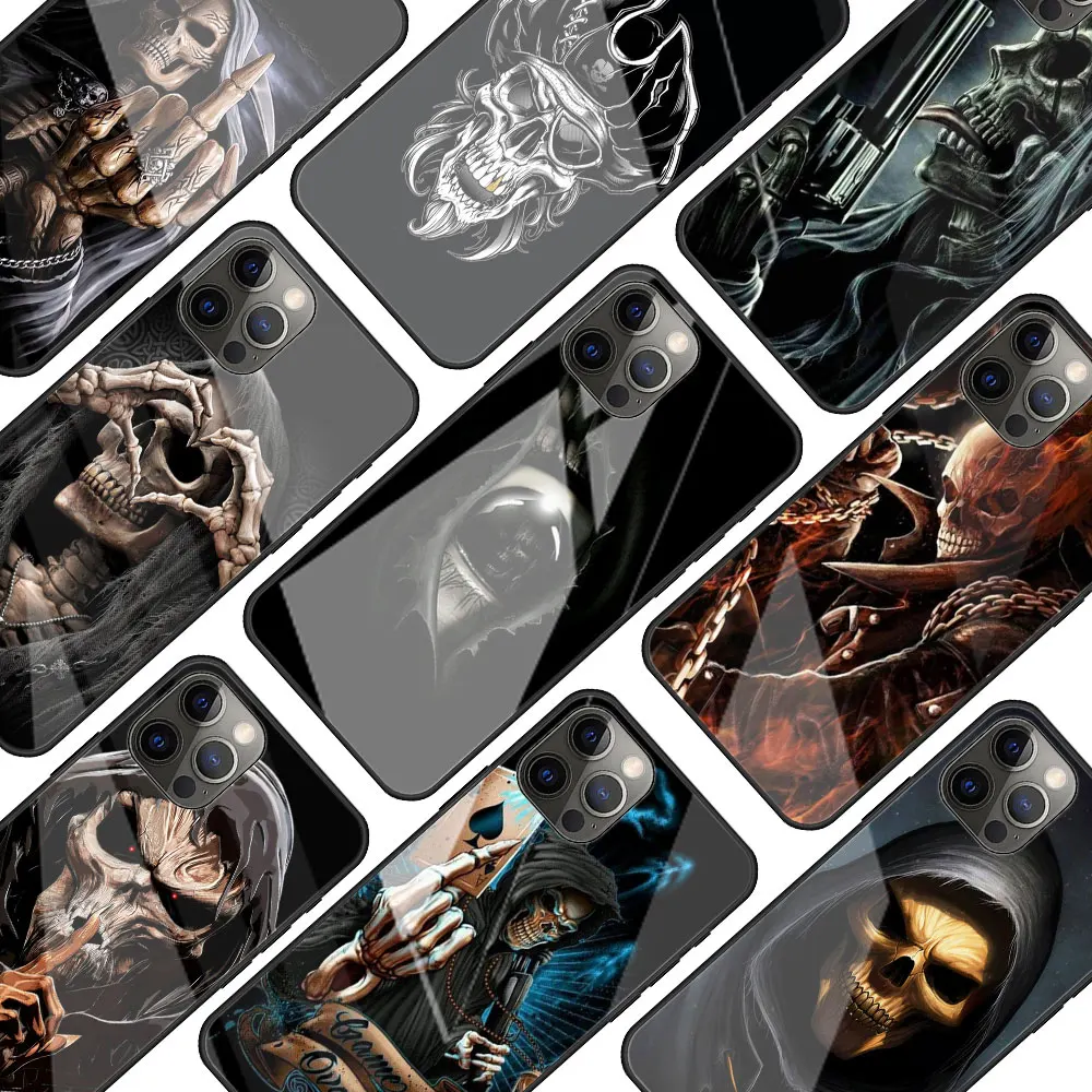 Fashion Skull Skeleton Grim Reaper Glass Phone Case for iPhone 11 12 13 Pro XR X 7 8 XS Max 6 6S Plus SE Mobile Phones Cover