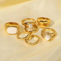 unique rectangle freshwater pearl band ring 18k gold ip plateding stainless steel croissant rings for women men