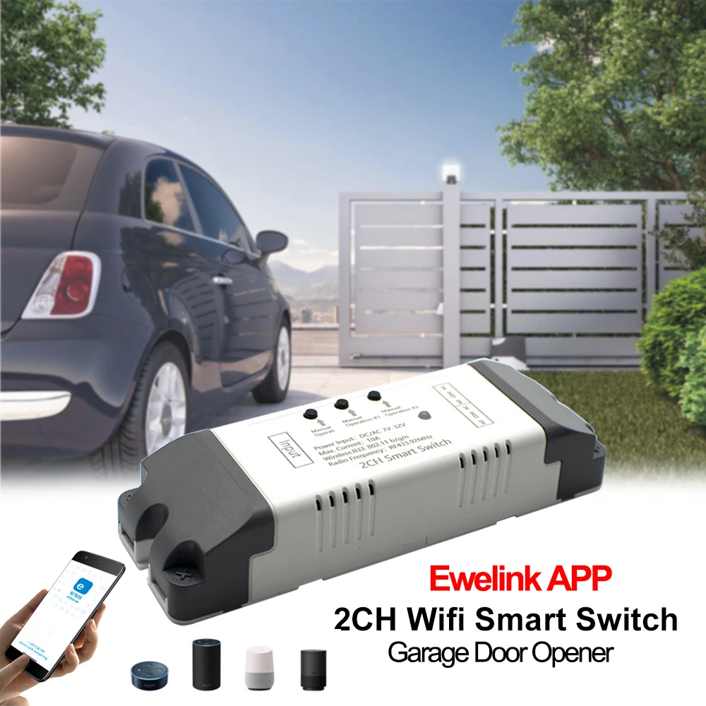 

EWelink Smart WiFi Garage Door Opener Remote Control Switch 12v 24v RF Receiver Relay Moudle 2CH Inching Interlock Self-locking