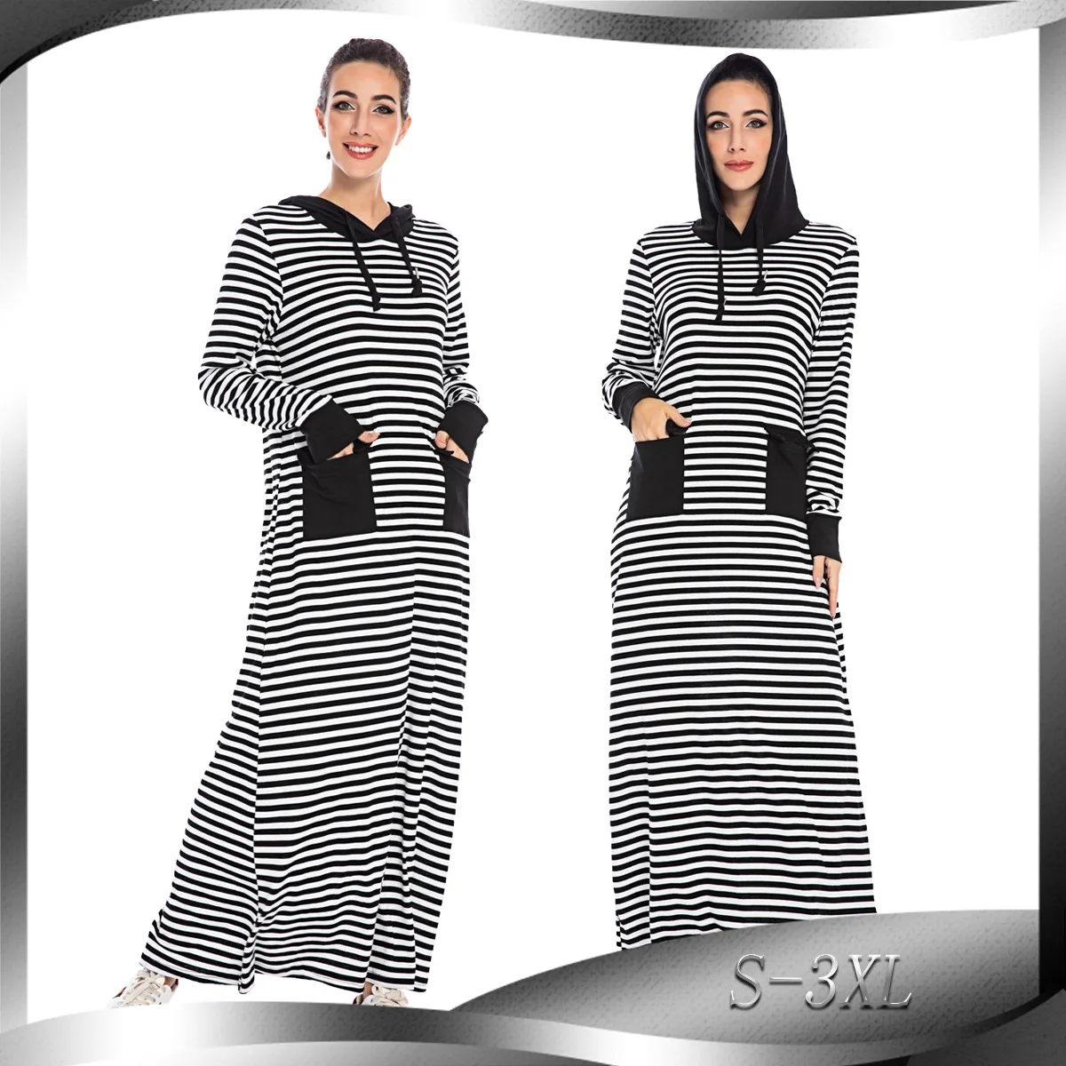 BianFeng мода мусульманский женское Полосатое платье для девочки, платье с длинными рукавами пуловер свитер с двумя карманами, на высокой платф...