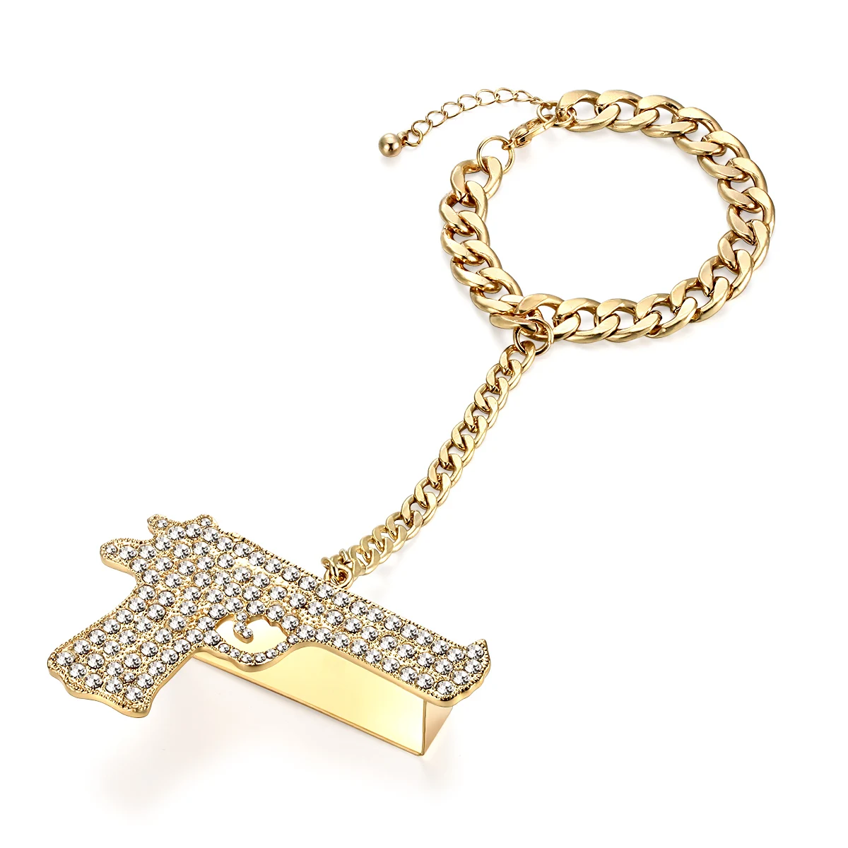 

Hip Hop Gold Crystal Gun Ring for 2 Fingers Statement Punk Chunky Hand Cuban Chain Bracelet Costume Rapper Cocktail Club Jewelry