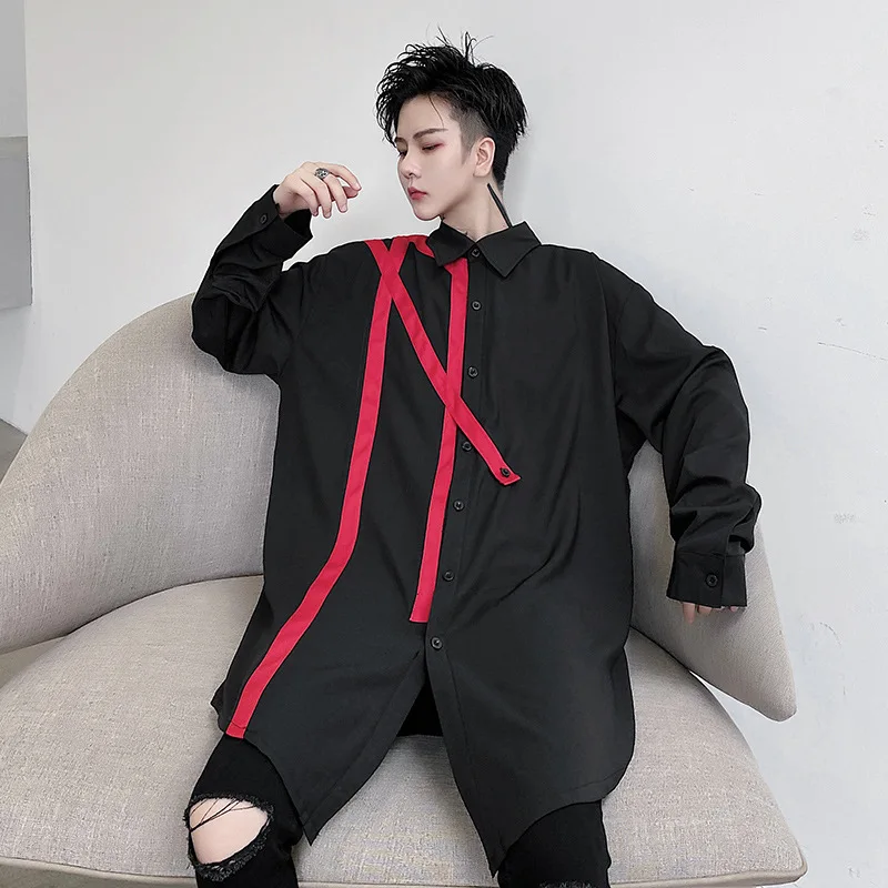 

Male Streetwear Hip Hop Gothic Dress Shirts Men Red Ribbon Splice Long Sleeve Casual Loose Shirt