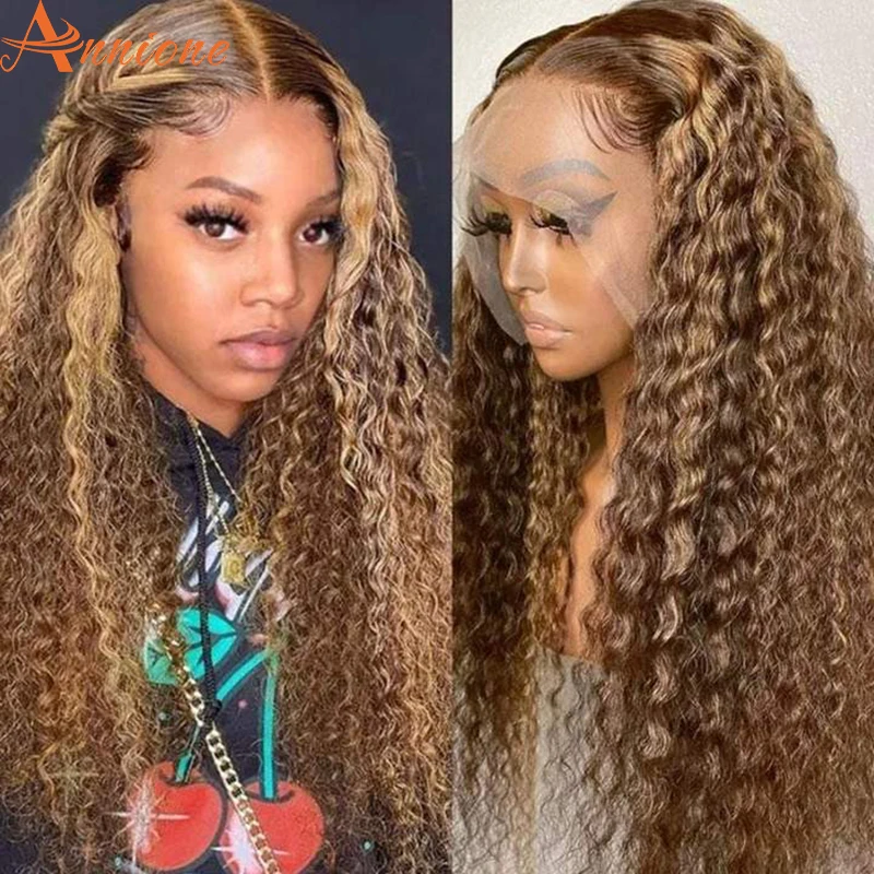 

Highlight Honey Blonde Human Hair Lace Frontal Wigs 180% Deep Wave Wig Pre Plucked Brazilian Hair 13x4 Lace Wigs For Women
