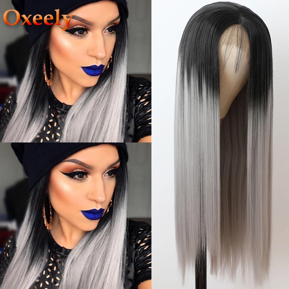 Oxeely Grey Color Long Straight Wig Heat Resistant Ombre Gray Straight Synthetic Lace Front Wigs for Fashion Women