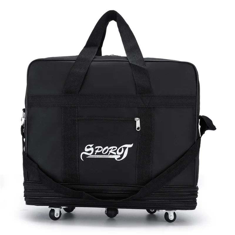 Black Rolling Luggage Suitcase With Wheels Expandable Folding Oxford Trolley Case Travel Bag Women Men Weekend Trip Pack X49C