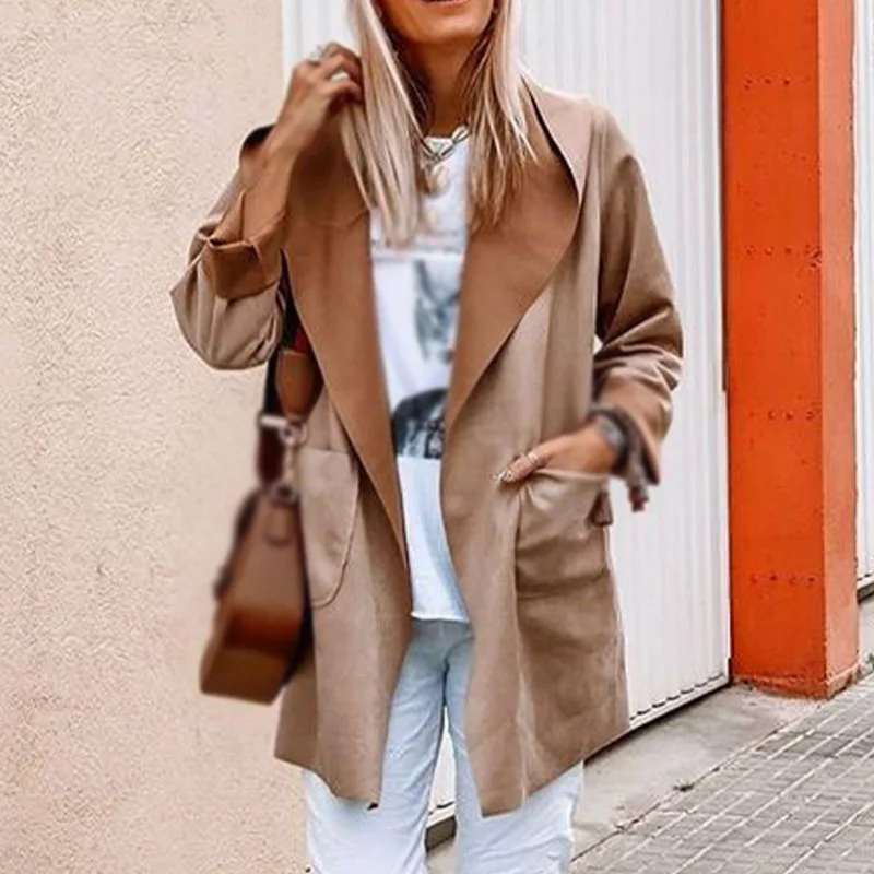 Замшевые свободные женские пальто средней длины с капюшоном длинные карманами