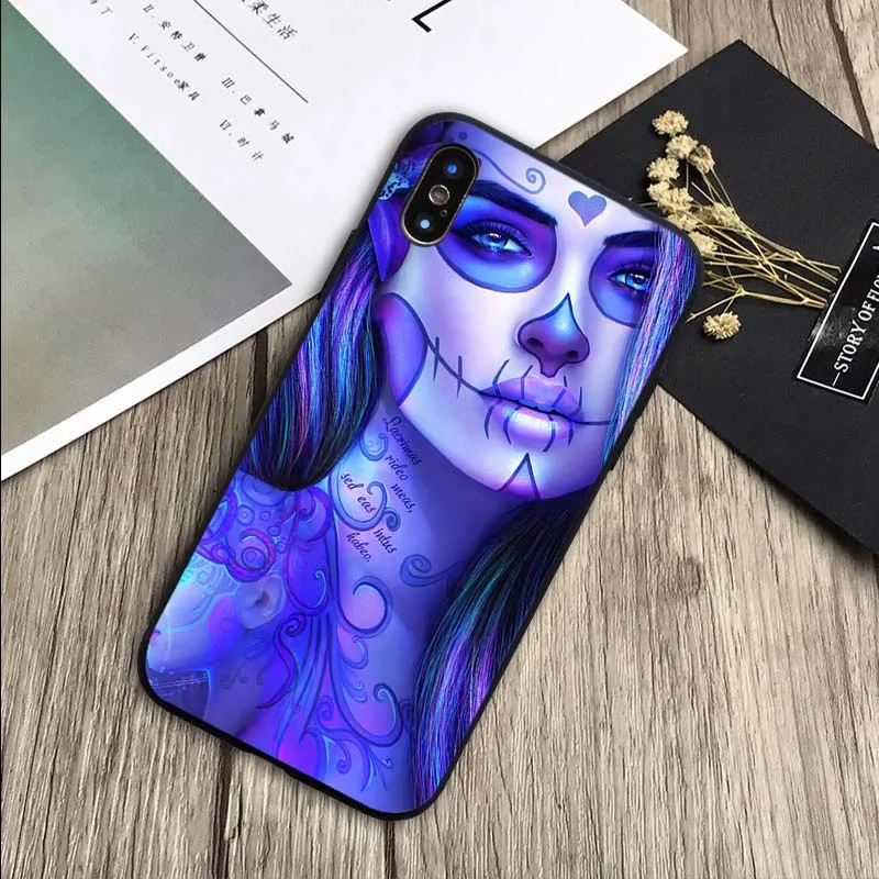 Сахарный череп день мертвой девушки татуировки чехол мягкий силиконовый черный