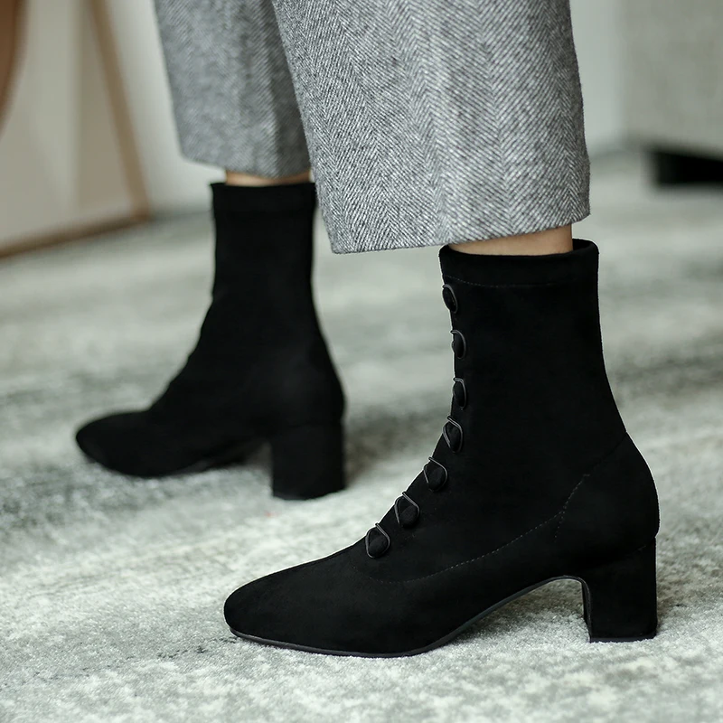 

Stretc Women Ankle Boots Thick High Heel Flock Shoes Square head Warm Boots Women Fashion Party Footwear Size 34-43