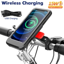 USB Bicycle Motorcycle Phone Holder Case 15W Wireless Charger Stand Road Bike Motor Support For 6.7inch Cellphone Waterproof Bag