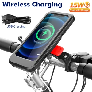 usb bicycle motorcycle phone holder case 15w wireless charger stand road bike motor support for 6 7inch cellphone waterproof bag free global shipping