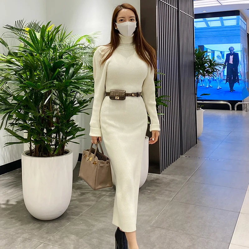 

Autumn Winter Women Thicken Puff Sleeve Sweater Dress Casual Turtleneck Bodycon Female Knitted Dress Vestidos