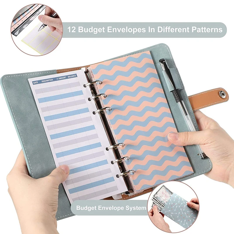 

A6 PU Leather Notebook Binder 6 Ring Binder Sets,12 Budget Envelope Systems,12 Expense Budget and 24 Bill Plan Labels