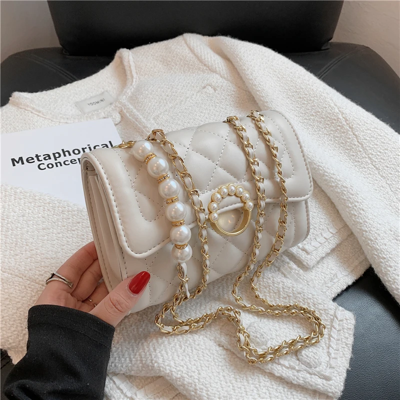

Summer Pearl Quilted Chain Crossbody Shoulder Bags For Women Brand Designer Flap Beaded Small Ladies Purses And Handbags 2021