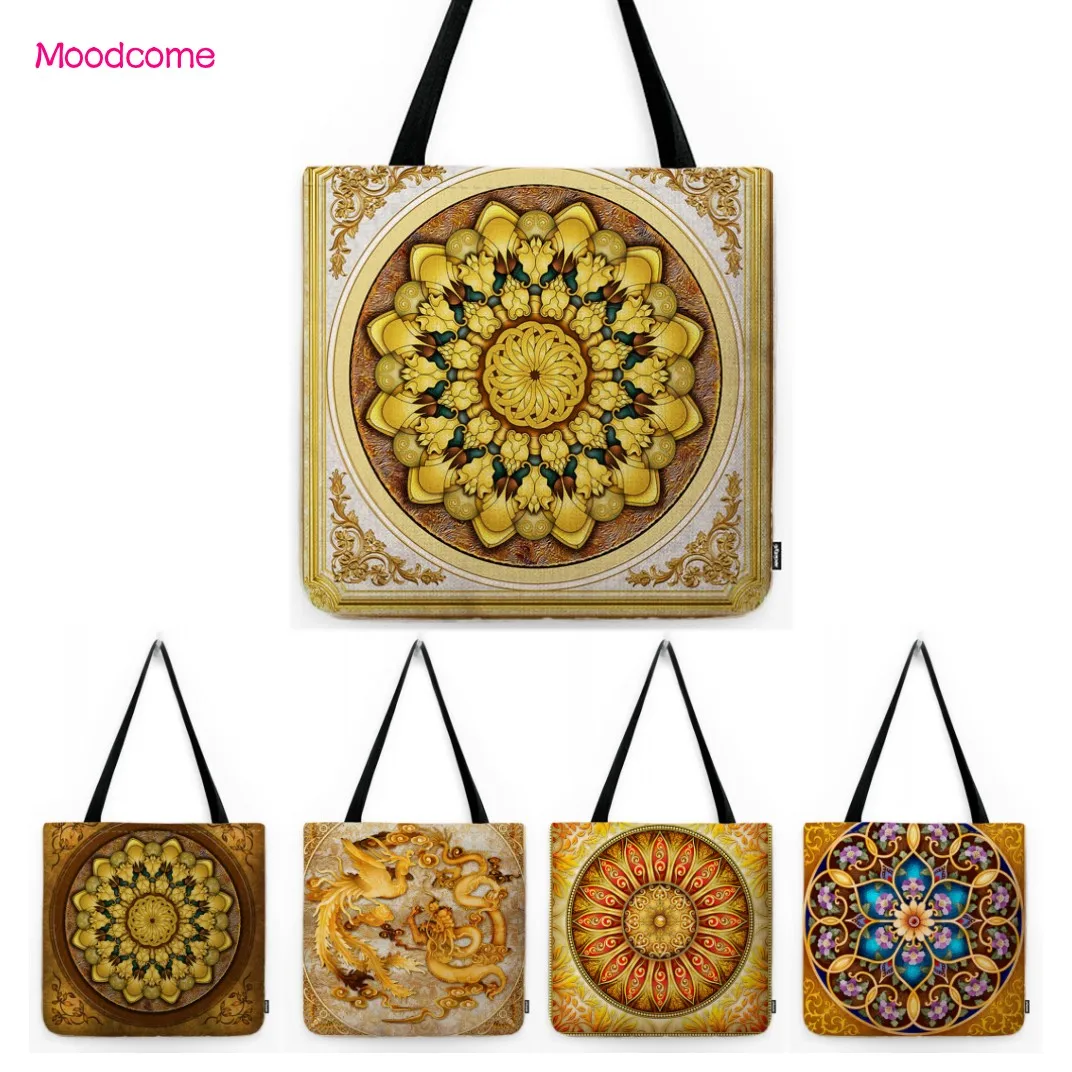 

Сумка-тоут из хлопка и льна, Большая водонепроницаемая Сумочка на плечо с экзотическим богемным рисунком мандалы, Королевский желтый цвет