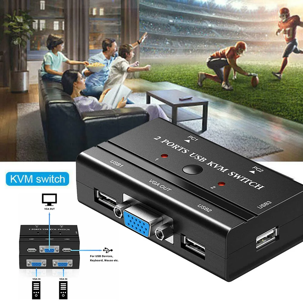 

MT-260KL 2 Port KVM Switch Manual Button 1080P USB VGA KVM Selector Switch for 2 PC Share Monitor Keyboard Mouse Printer