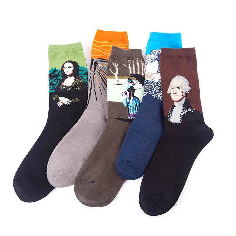

6 pairs of oil painting socks European and American adult fashion socks for men and women spring and autumn socks pure cotton
