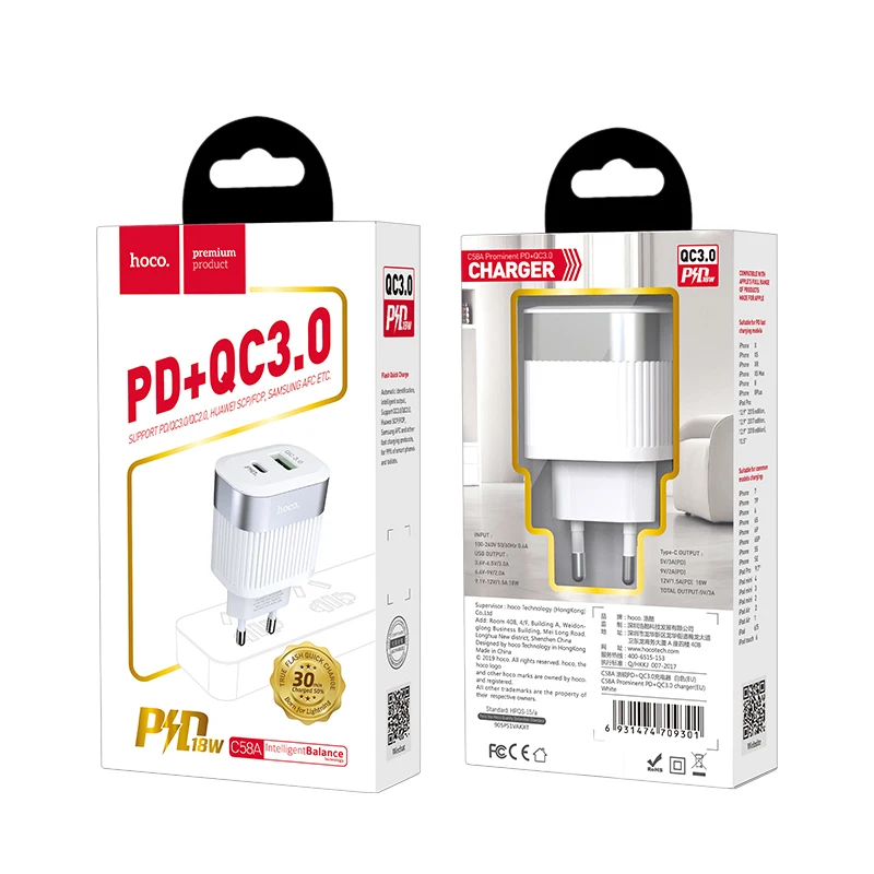 HOCO PD QC3.0 USB быстрое зарядное устройство для телефона 18 Вт Быстрая зарядка 3 0 ЕС США