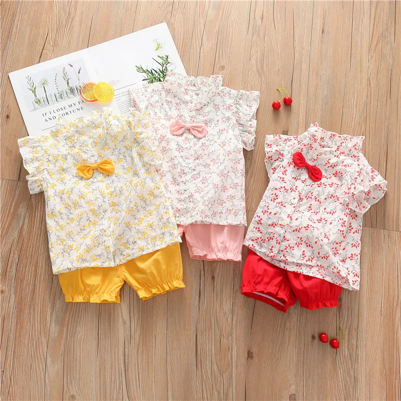 2 шт. блузка и шорты с цветочным принтом без рукавов|Комплекты одежды для девочек|
